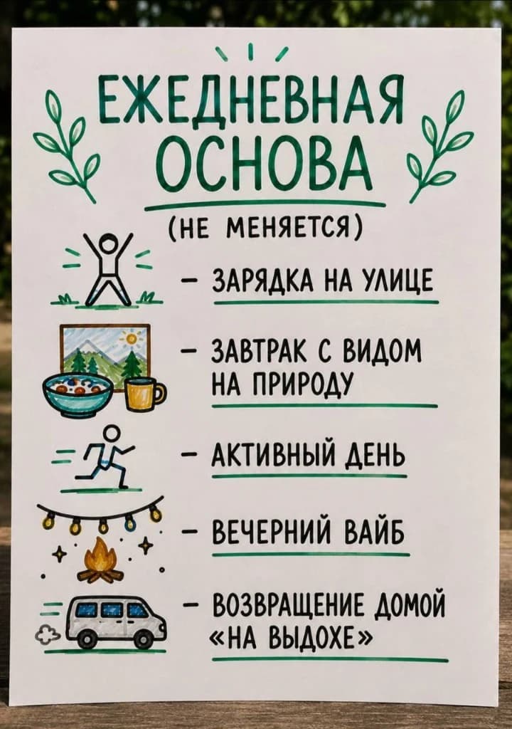 Ежедневная основа смены: зарядка, завтрак с видом, активный день, вечерний вайб